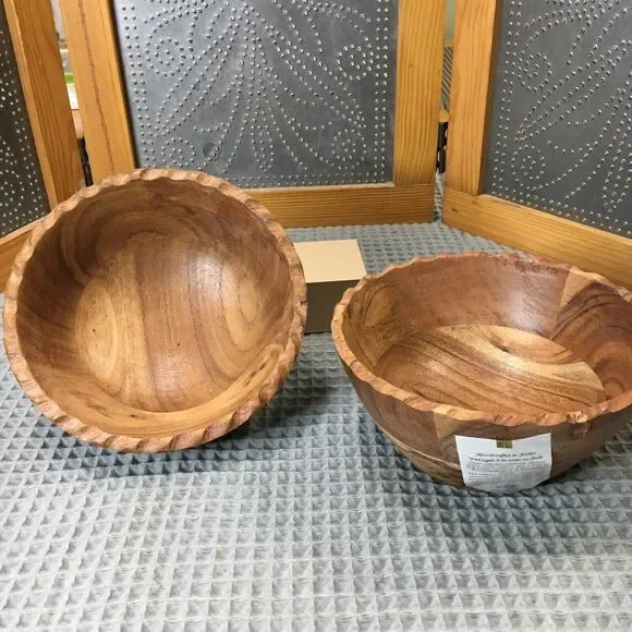 Set of 2 Handcrafted Wooden Bowls 6.5" Small Wood Bowls Artisan Natural Rustic - Picture 3 of 11